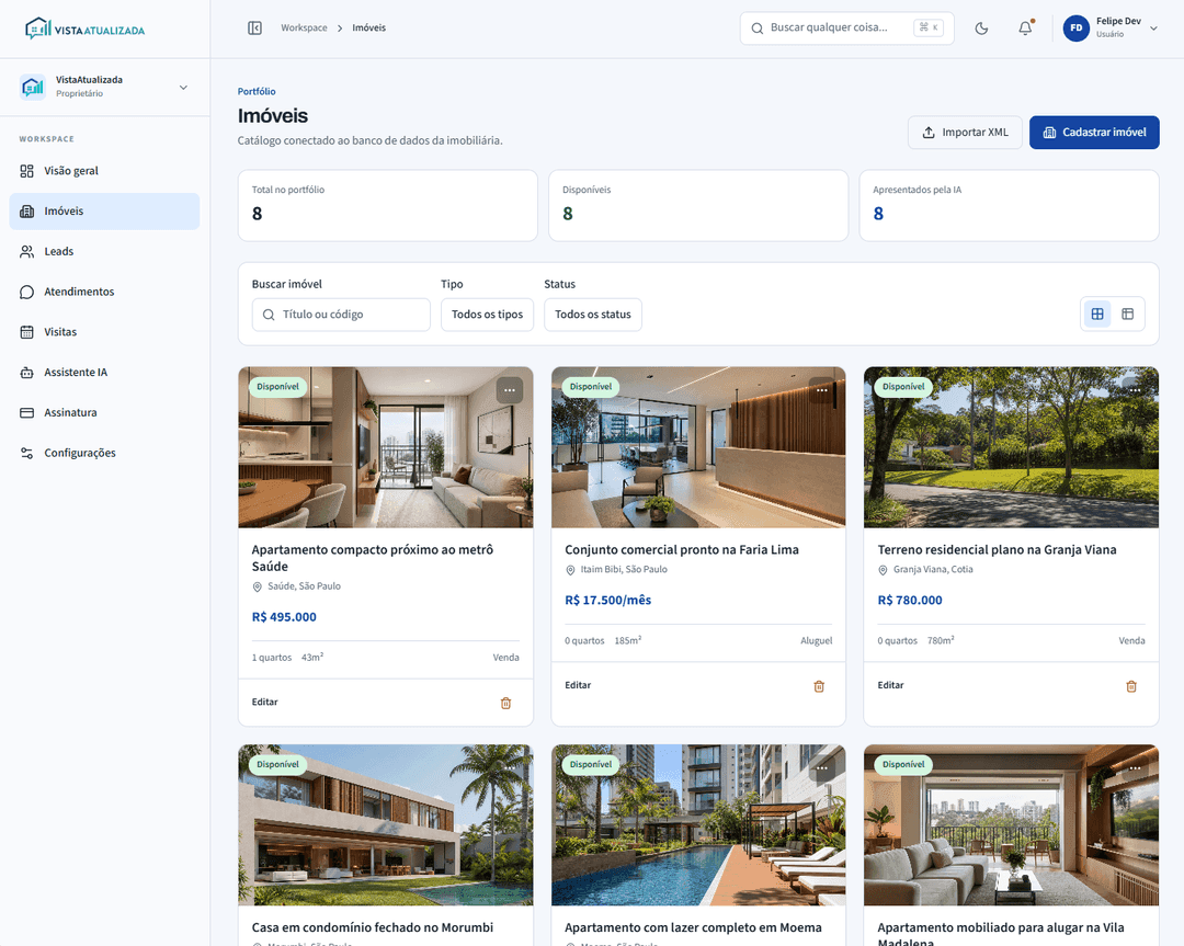 Tela do catálogo de imóveis da Vista Atualizada, publicada no site oficial do produto.